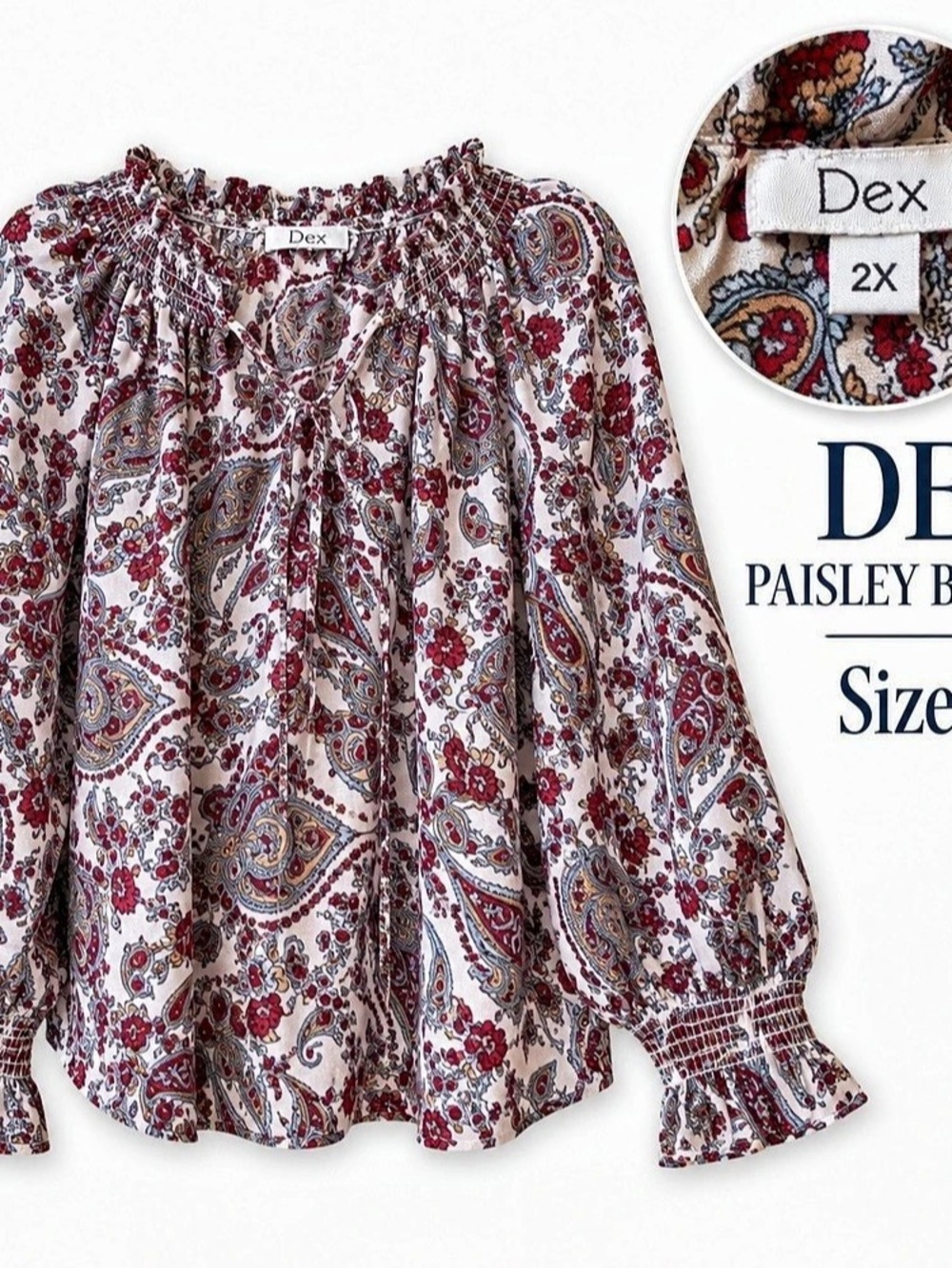 Dex Balloon Sleeved Blouse White & Red Size 2X